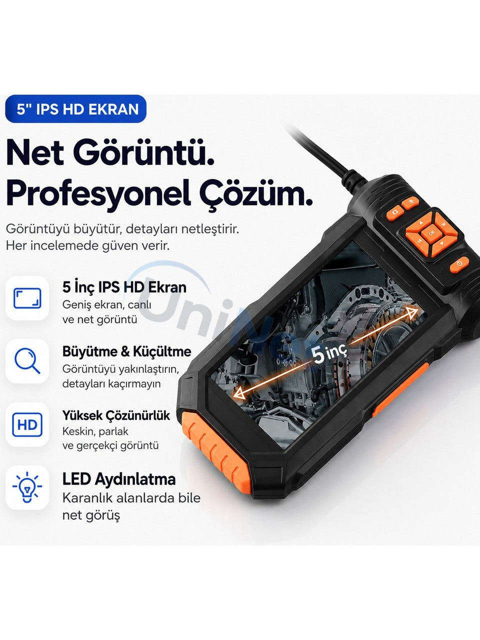 Uninet 5 Metre 3 Kameralı Ekranlı Kayıt Yapabilen Endoskopi Yılan Kamera