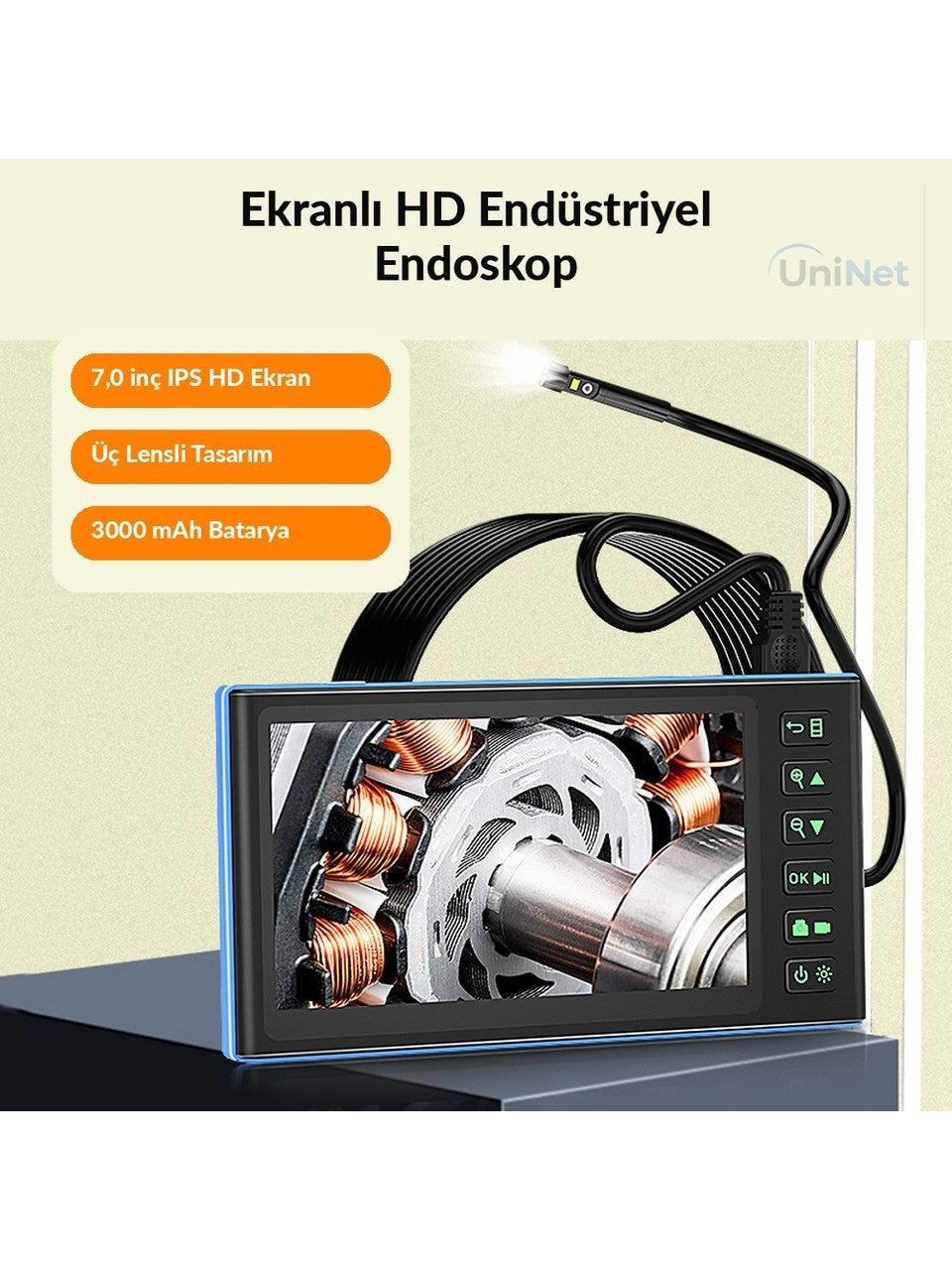 Uninet 15 Metre 3 Kameralı Kayıt Yapabilen Sert Kablolu Endoskop Yılan Kamera
