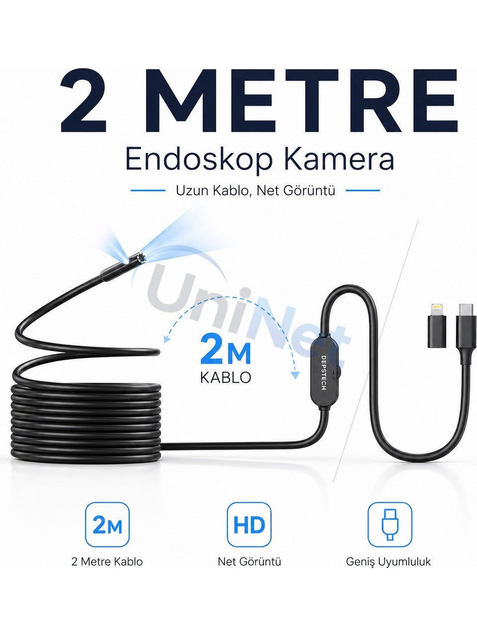 Uninet Iphone ve Android Uyumlu 2 Kameralı 2 Metre Kablolu Endoskop Yılan Kamera