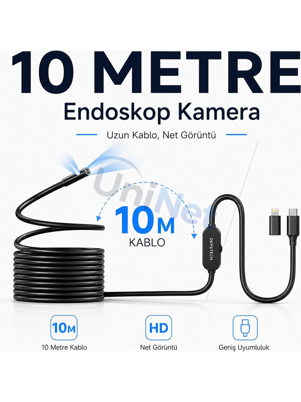 Uninet Iphone ve Android Uyumlu 2 Kameralı 10 Metre Kablolu Endoskop Yılan Kamera