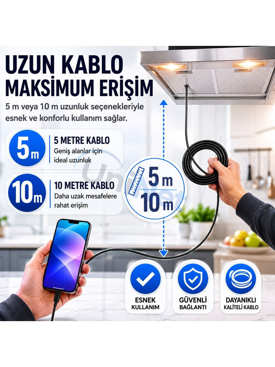 Uninet Iphone ve Android Uyumlu 2 Kameralı 2 Metre Kablolu Endoskop Yılan Kamera