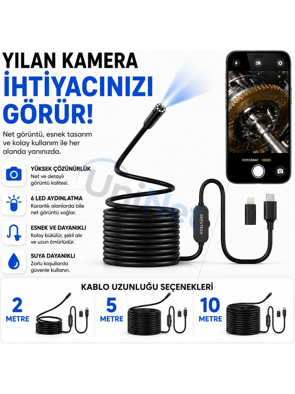 Uninet Iphone ve Android Uyumlu 2 Kameralı 10 Metre Kablolu Endoskop Yılan Kamera