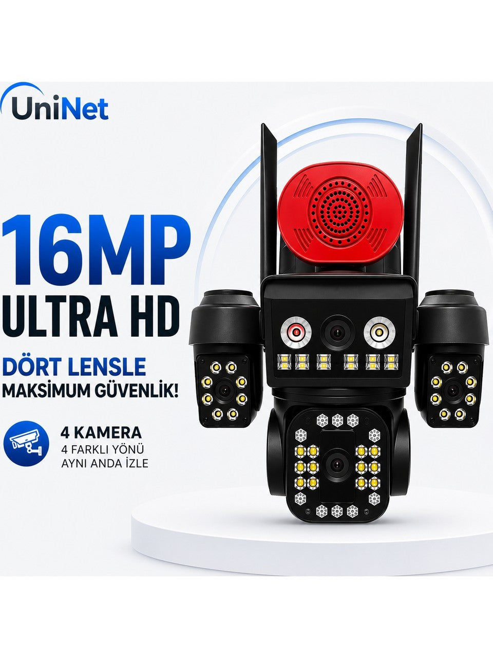 Uninet 4K Pro 16MP 4 Kameralı Wifi Güvenlik Sistemi – 3 Sabit + 1 Ptz, 360° Izleme, Renkli Gece Görüşü ve IP66