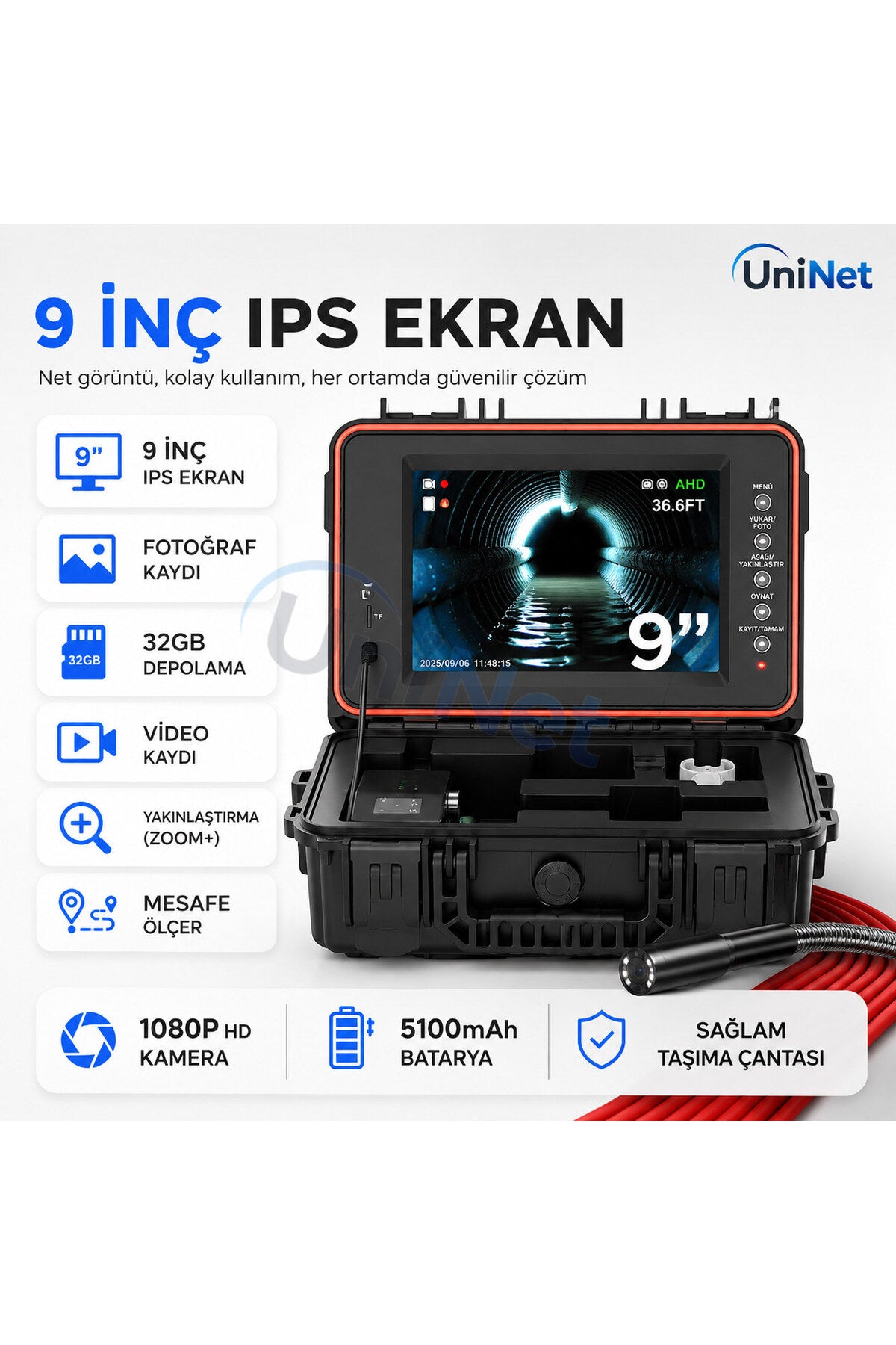Boru ve Kanalizasyon İnceleme Kamerası 30 Metre 23 mm Otomatik Seviye Ayarlı Gece Görüşlü Kayıt Yapabilen Boru Hattı Endoskop Kamera 9 İnç IPS Ekranlı 1080P Boru ve Kanal Görüntüleme Kamerası IP68 30 Metre Kablolu Mesafe Sayaçlı