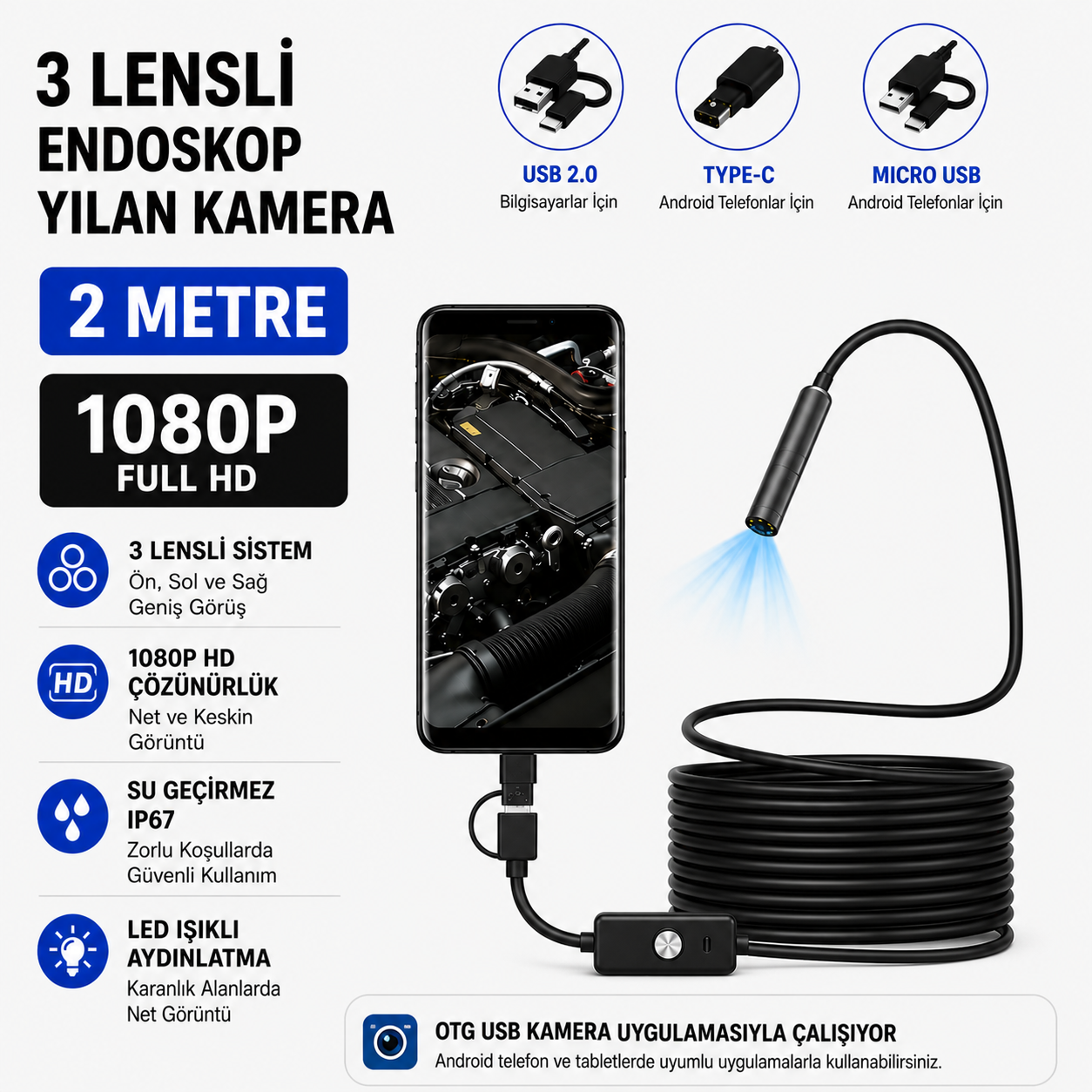 2 Metre 3 Kameralı Yumuşak Kablolu USB Type-C Yılan Kamera