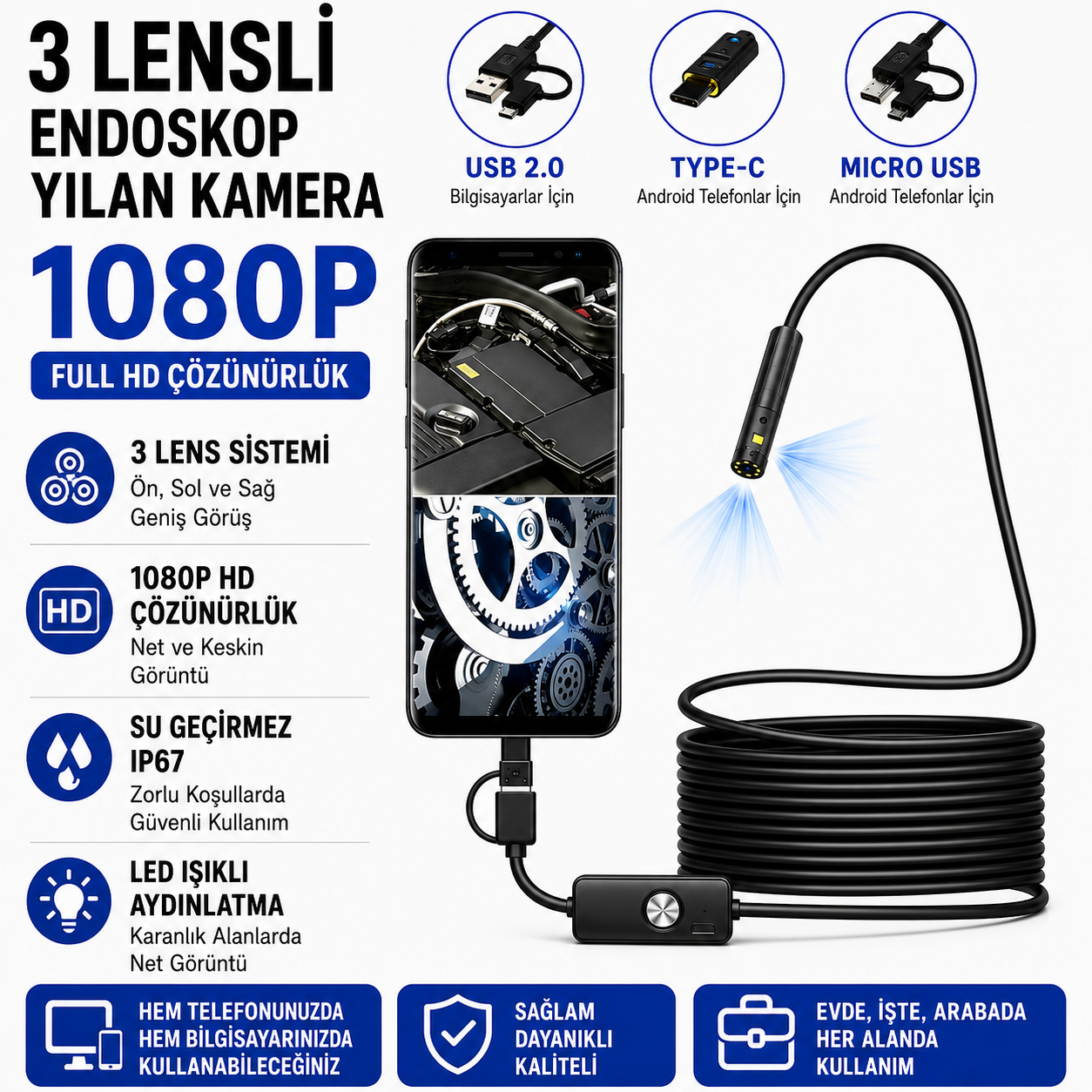 2 Metre 3 Kameralı Yumuşak Kablolu USB Type-C Yılan Kamera