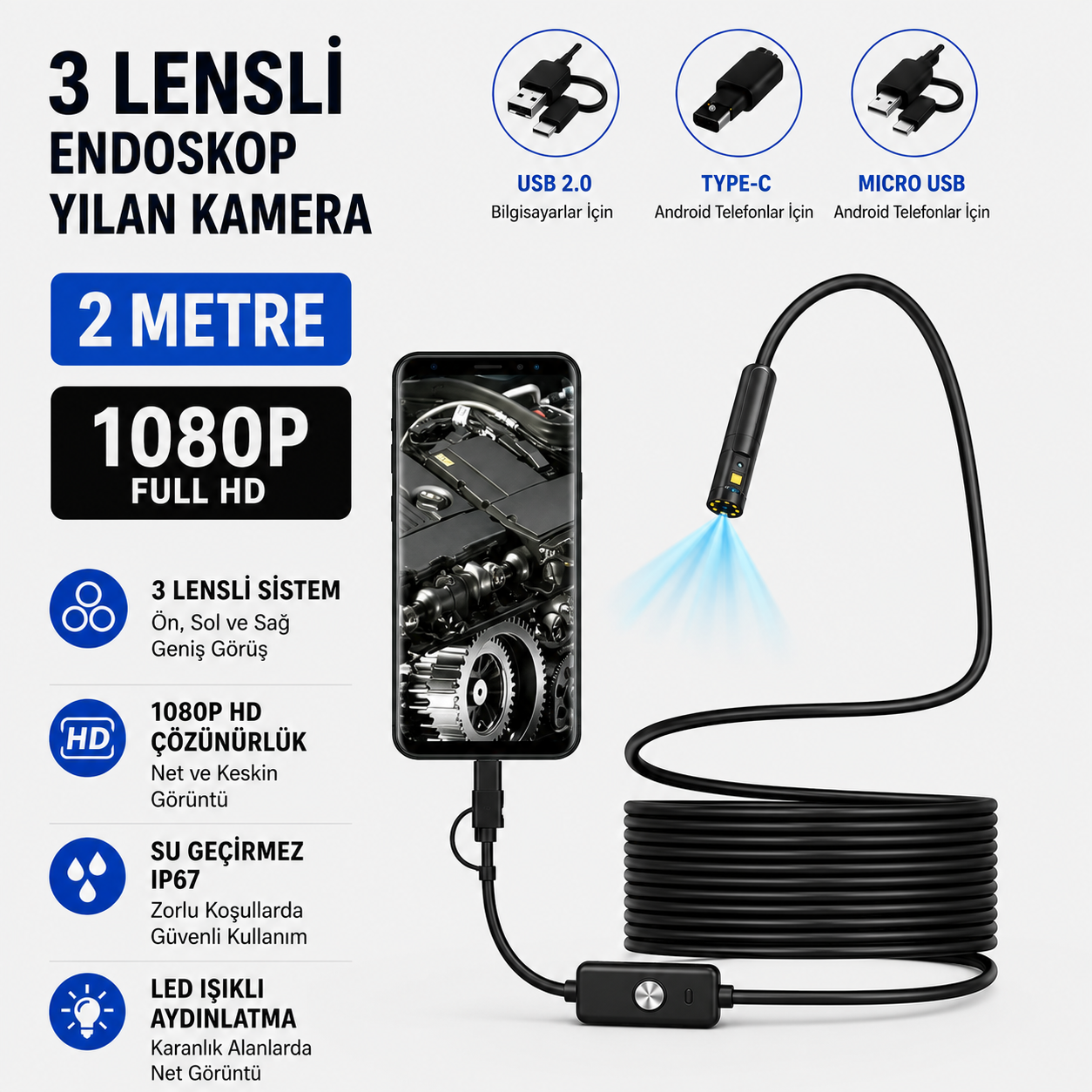 2 Metre 3 Kameralı Yumuşak Kablolu USB Type-C Yılan Kamera