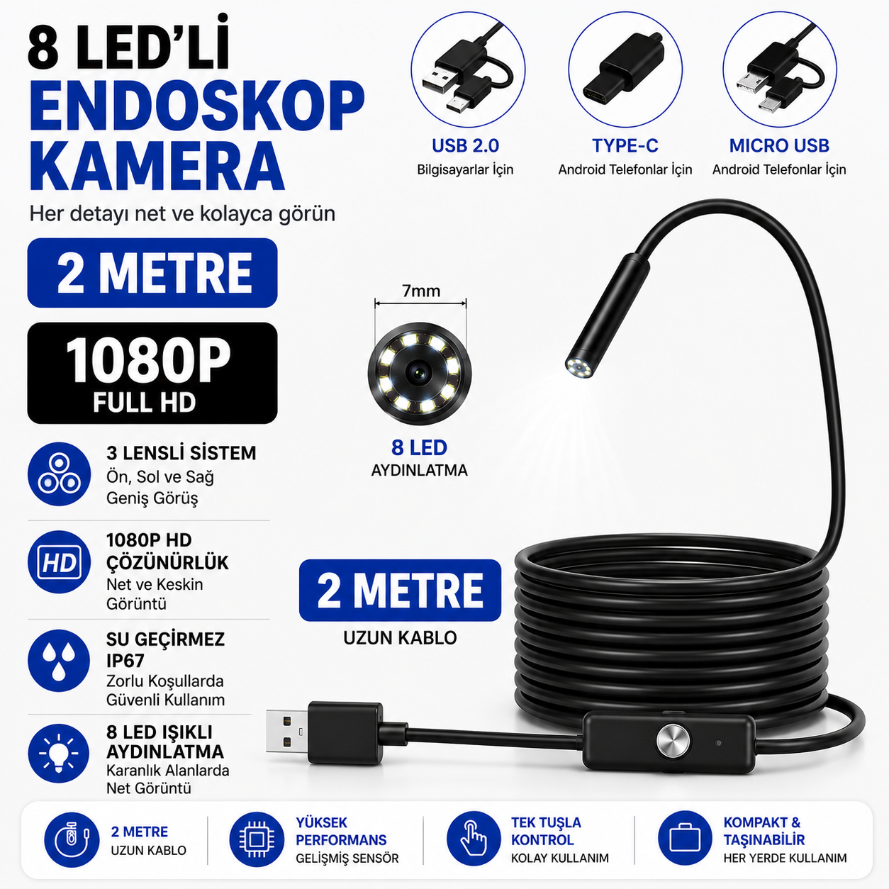 2 Metre 3 Kameralı Yumuşak Kablolu USB Type-C Yılan Kamera