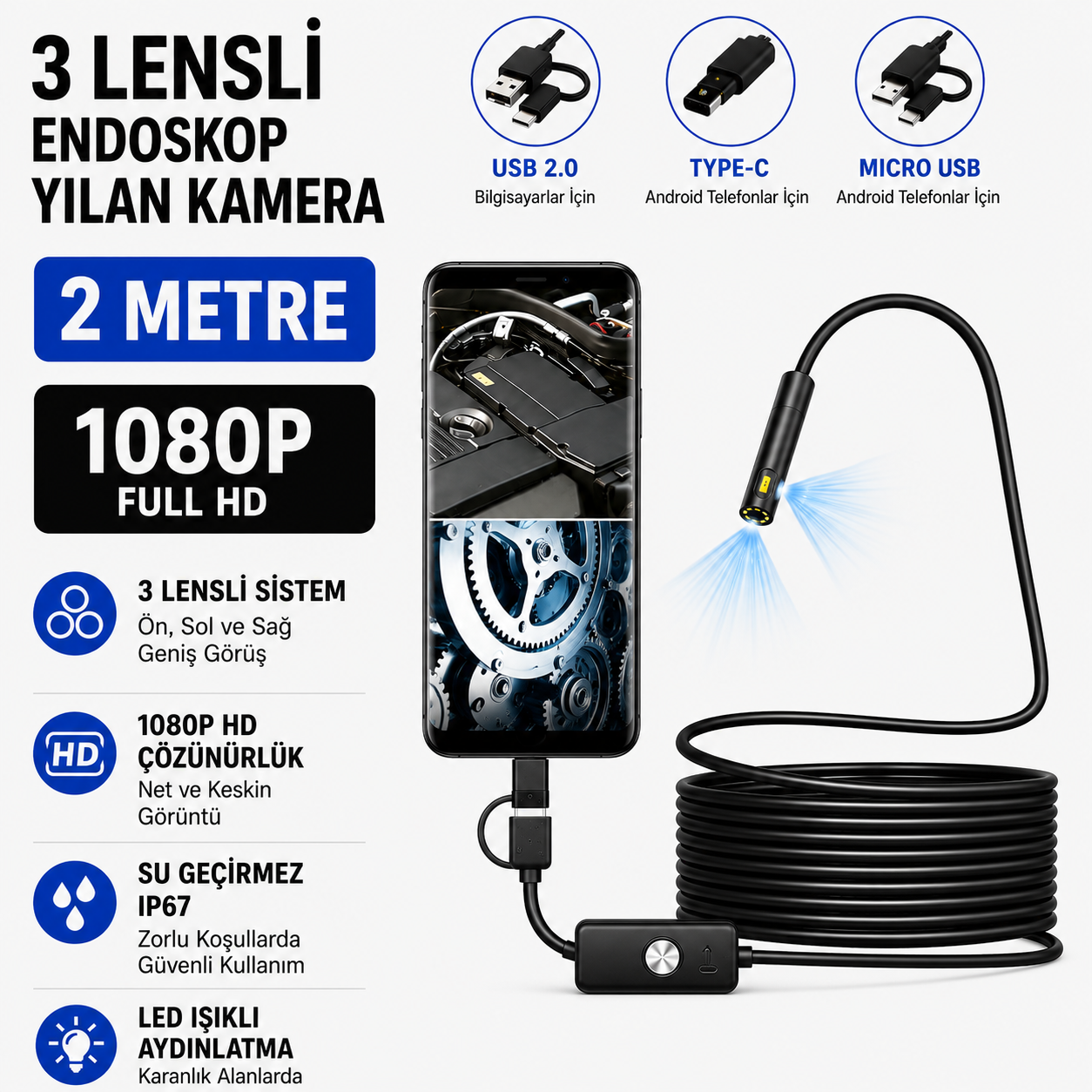 2 Metre 3 Kameralı Yumuşak Kablolu USB Type-C Yılan Kamera