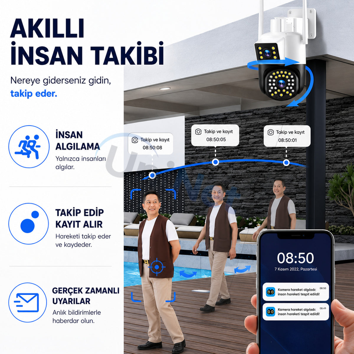 YS 21  6MP Kameralı Wifi Ptz Döner Başlıklı Güvenlik Kamerası – 355 Ptz Döner Başlık, Polis Çakarı, İnsan Takibi ve Renkli Gece Görüşü – 6MP Çift Kameralı Wifi Ptz Döner Başlıklı Güvenlik Kamerası