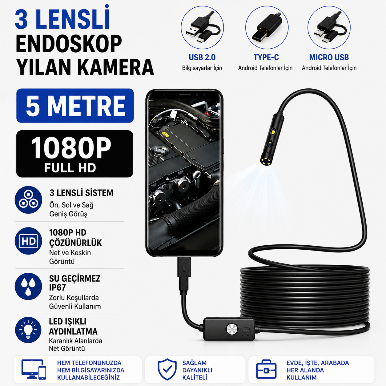 3 Metre 3 Kameralı USB Type-C Yılan Kamera