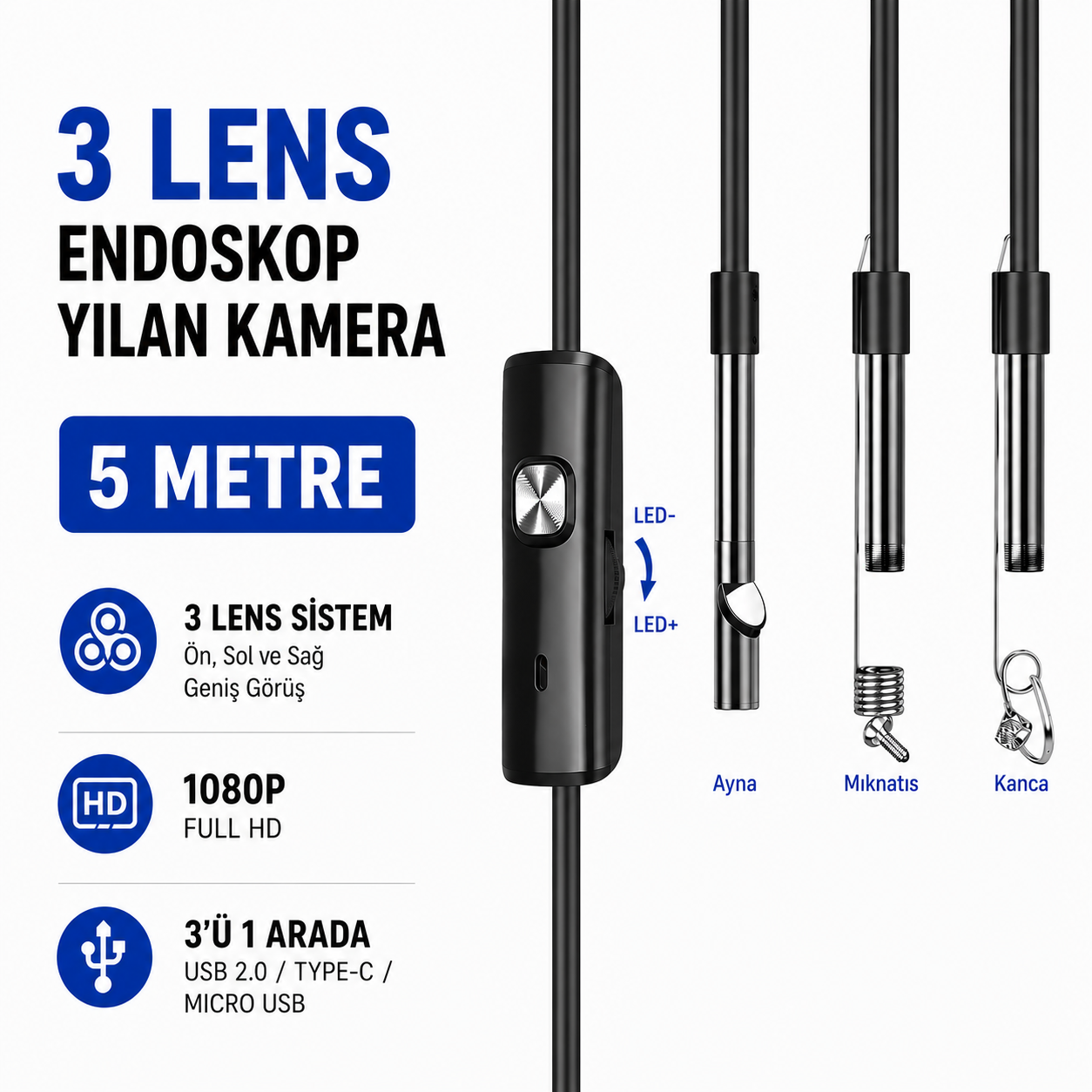 3 Metre 3 Kameralı USB Type-C Yılan Kamera