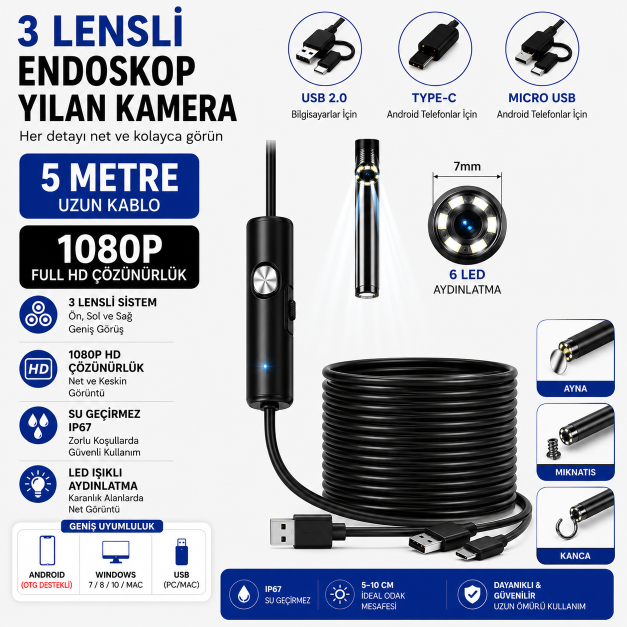 3 Metre 3 Kameralı USB Type-C Yılan Kamera