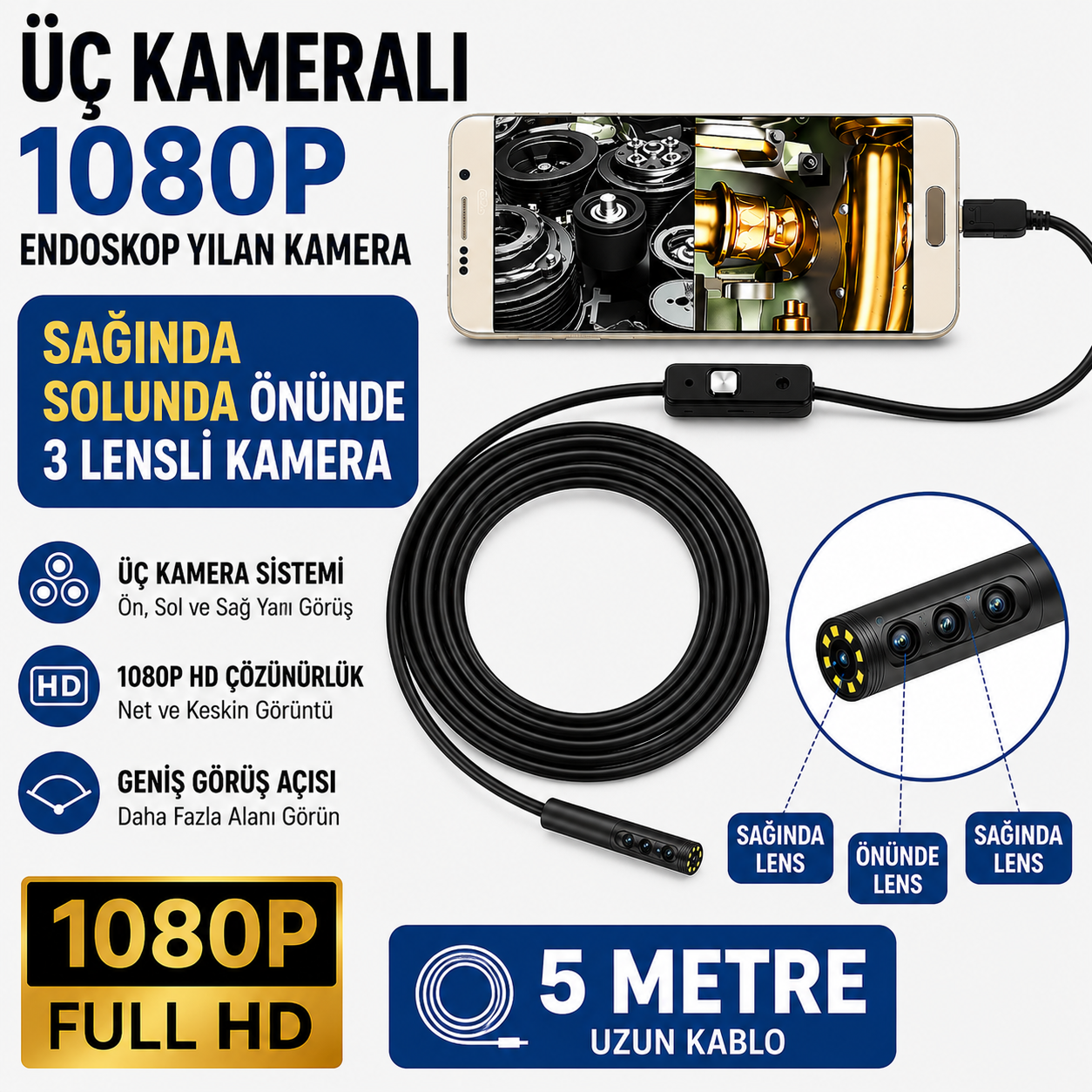 10 Metre 3 Kameralı USB Type-C Yılan Kamera