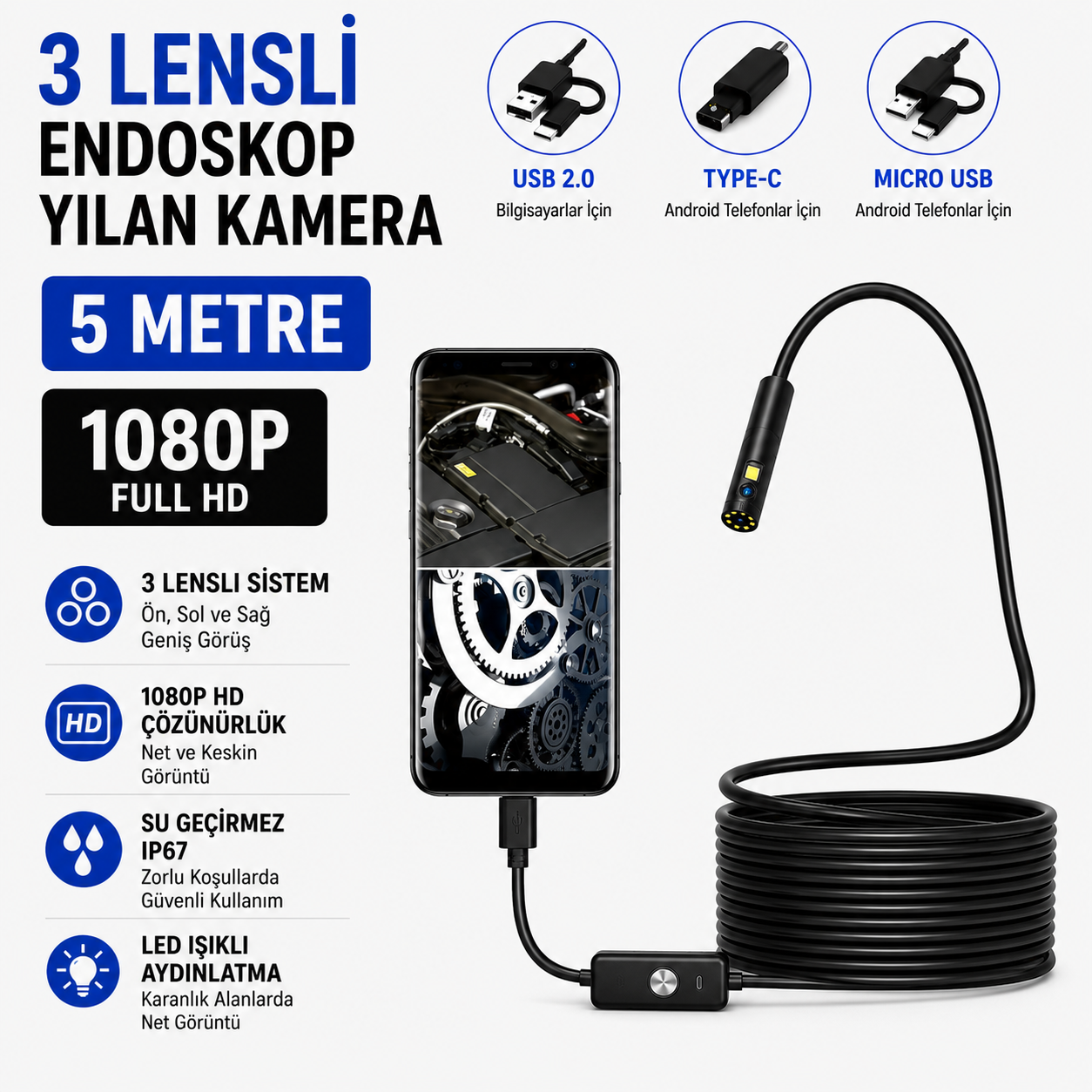 3 Metre 3 Kameralı USB Type-C Yılan Kamera