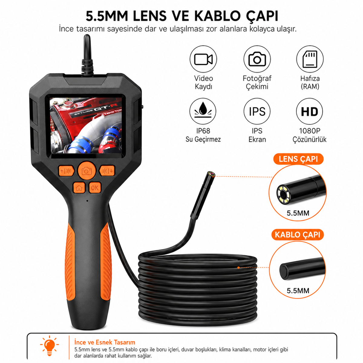 5 Metre Ekranlı 5.5mm Sert Kablo Endoskopi Yılan Kamera