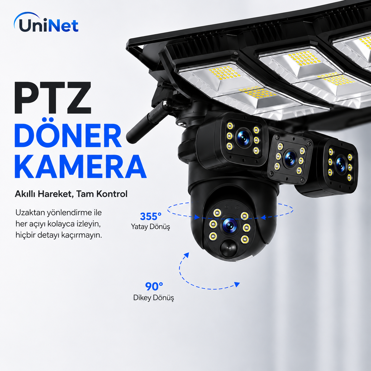 Uninet YS 50 Solar 4G Kamera 2 Kameralı Güneş Enerjili Sokak Lambası Alarm Hareket Algılayıcılı Güneş Enerjili Kamera