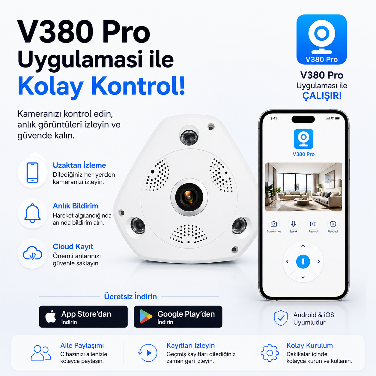 V380 360° Panoramik Balıkgözü Wi-Fi İç Mekan Kamera