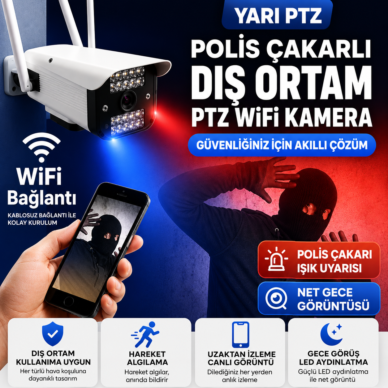 YS-04 2MP PTZ Polis Çakarlı Wi-Fi Dış Mekan Kamera