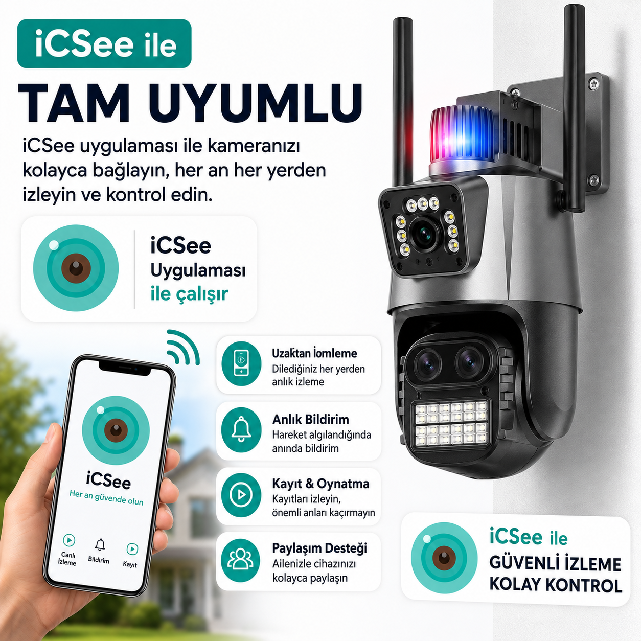 YS-18 6MP 3 Kameralı Dijital Zoom Wi-Fi Dış Mekan Kamera