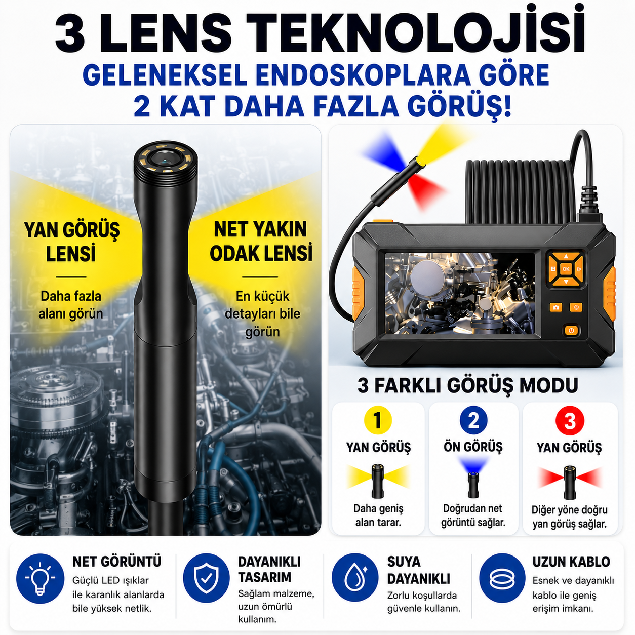 10 Metre 3 Kameralı Monitörlü Yılan Kamera