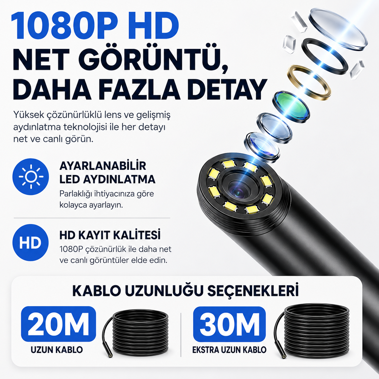 20 Metre 2 Kameralı Monitörlü Yılan Kamera