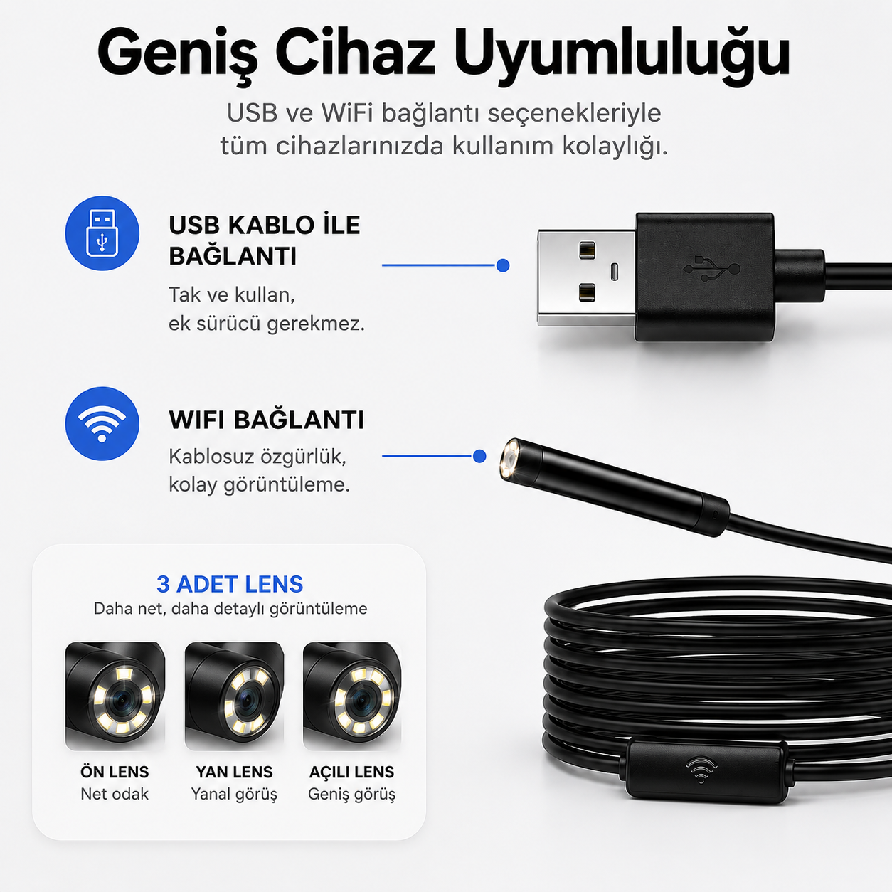 10 Metre Wi-Fi 3 Kameralı Yılan Kamera