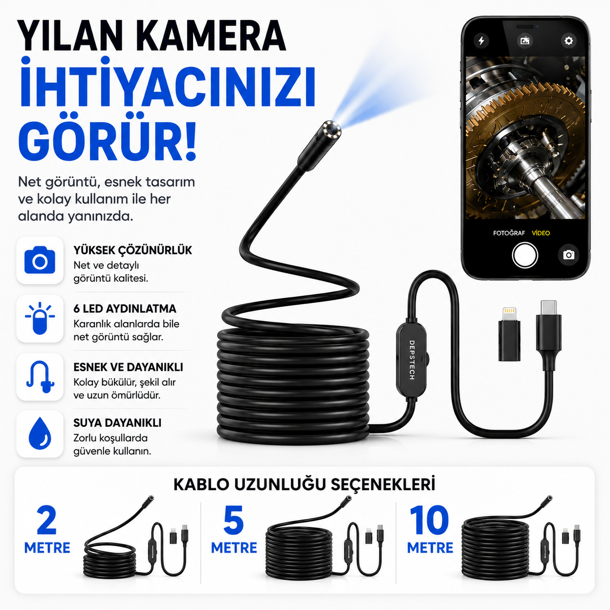 5 Metre iPhone Uyumlu Yılan Kamera