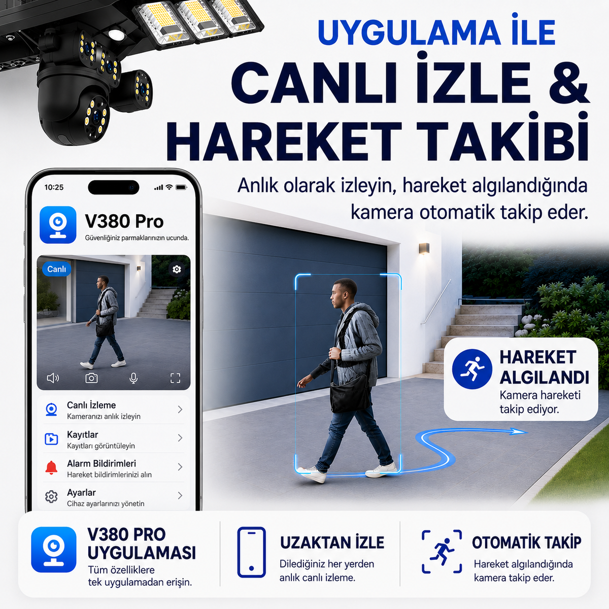 Uninet YS 50 Solar 4G Kamera 2 Kameralı Güneş Enerjili Sokak Lambası Alarm Hareket Algılayıcılı Güneş Enerjili Kamera