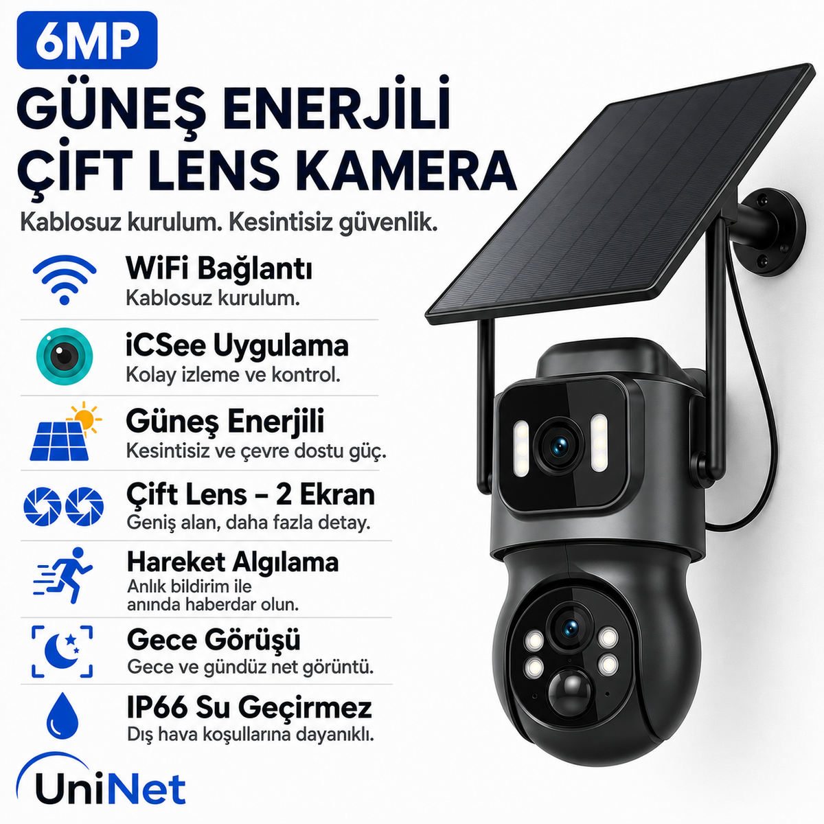Uninet YS 09  Wifi Solar Güvenlik Kamerası – Güneş Panelli, Gece Görüşlü, Hareket Algılamalı, Çift Yönlü Ses Özelliklikli