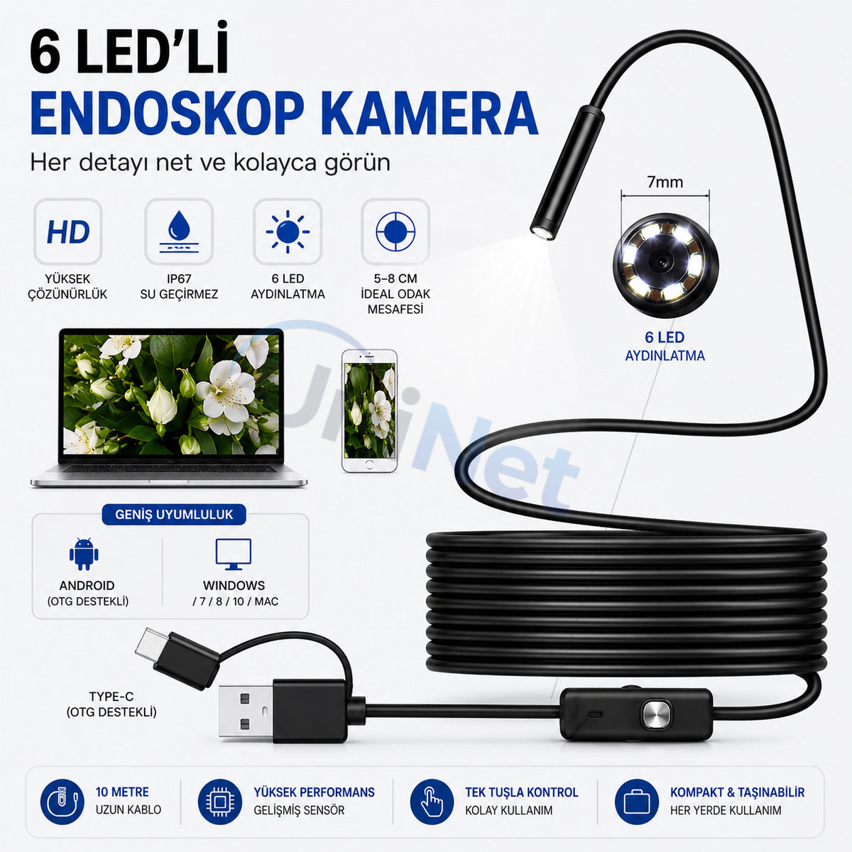 Yoosee SM8-R10 5 Metre iPhone/Android Uyumlu Yılan Kamera