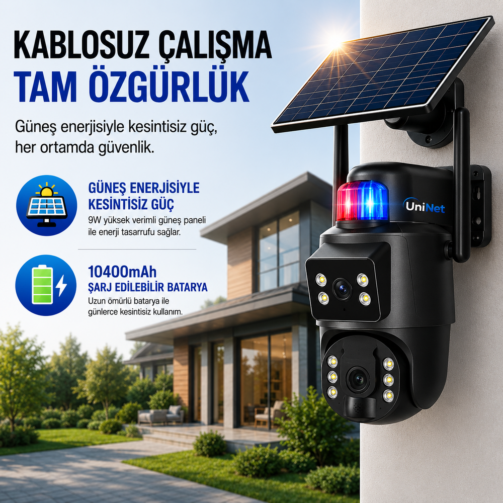 Uninet YS 10 PRO  SOLAR  Kamera 4g Sim Kartlı 2 Kameralı  8MP Dış Mekan Sirenli Ip Kamera