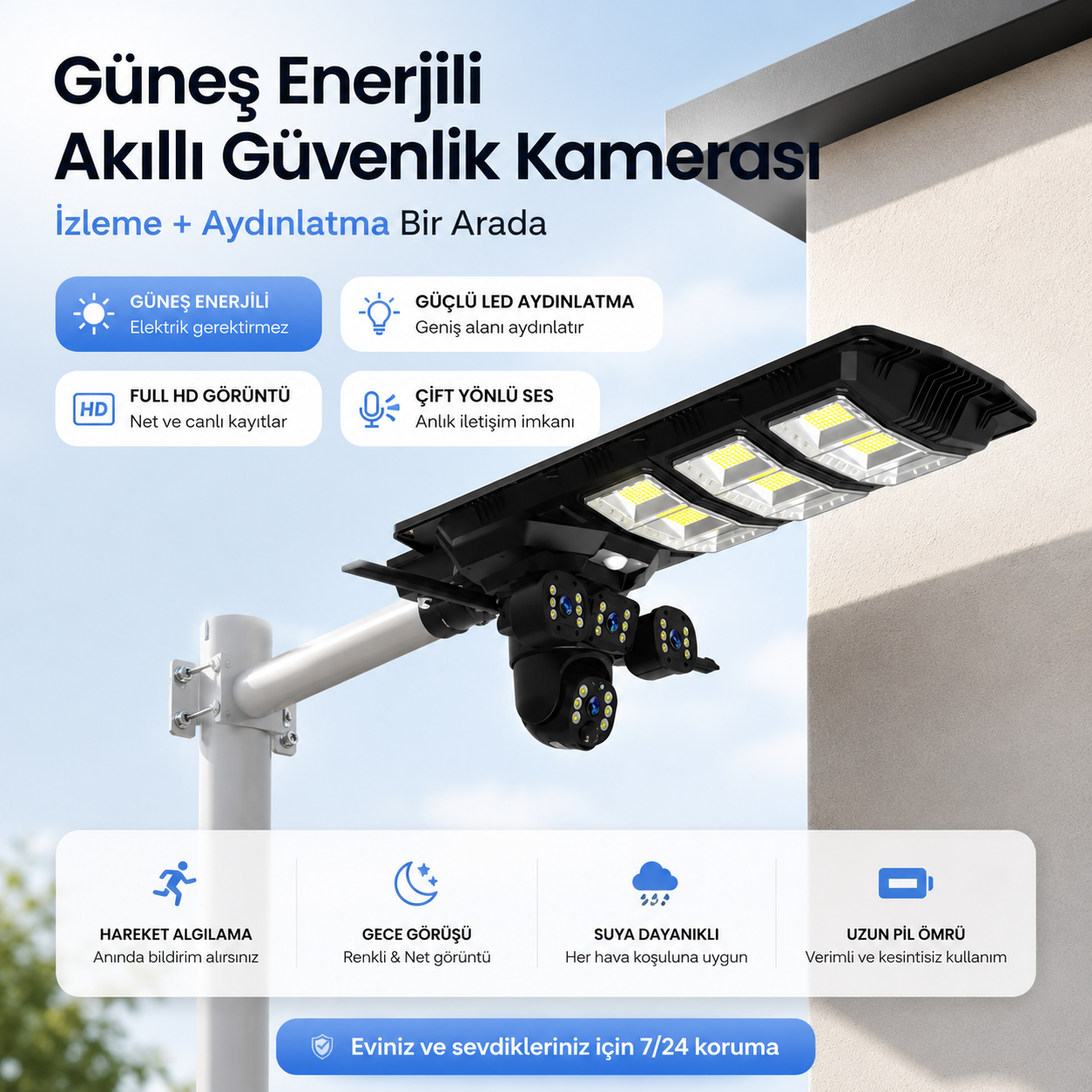 Uninet YS 50 Solar 4G Kamera 2 Kameralı Güneş Enerjili Sokak Lambası Alarm Hareket Algılayıcılı Güneş Enerjili Kamera
