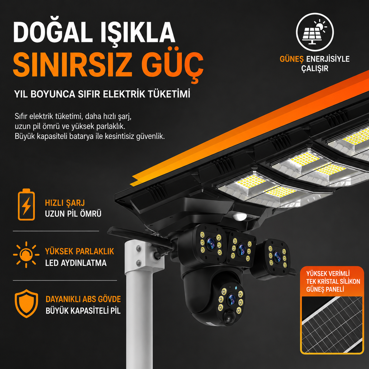 Uninet YS 50 Solar 4G Kamera 2 Kameralı Güneş Enerjili Sokak Lambası Alarm Hareket Algılayıcılı Güneş Enerjili Kamera