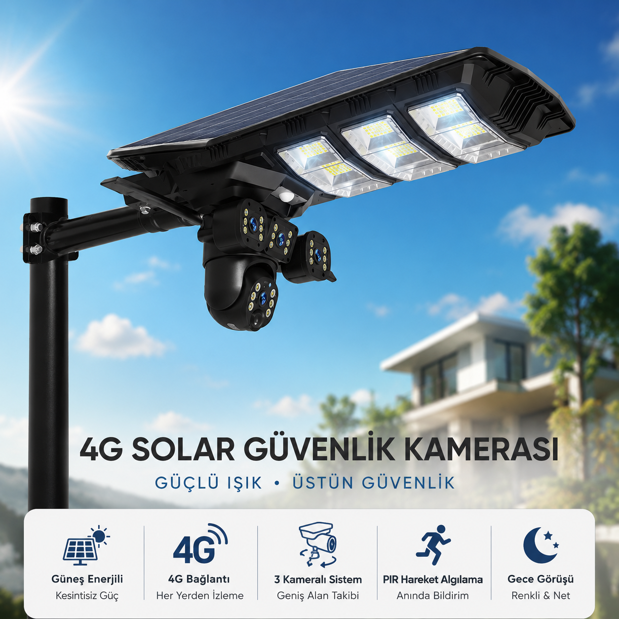Uninet YS 50 Solar 4G Kamera 2 Kameralı Güneş Enerjili Sokak Lambası Alarm Hareket Algılayıcılı Güneş Enerjili Kamera