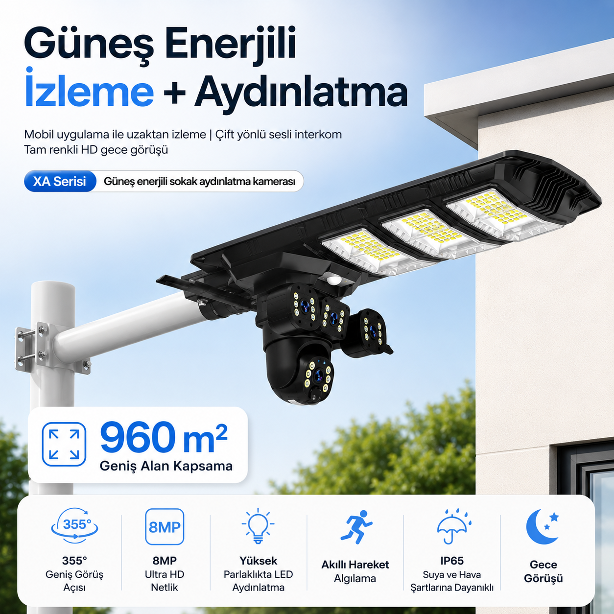 Uninet YS 50 Solar 4G Kamera 2 Kameralı Güneş Enerjili Sokak Lambası Alarm Hareket Algılayıcılı Güneş Enerjili Kamera