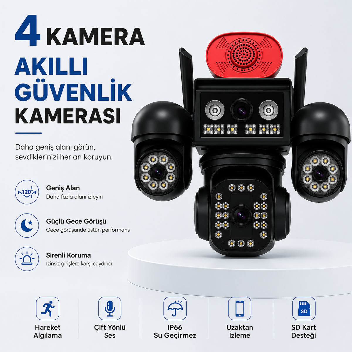 Aov Teknolojili 4g Solar Güvenlik Kamerası – Düşük Güç Tüketimi, Kesintisiz Izleme ve Anlık Kayıt 4 Kameralı – 3 Kamerası Dönebilen Ptz + 1 Sabit Lens, Gece Görüşü ve Siren