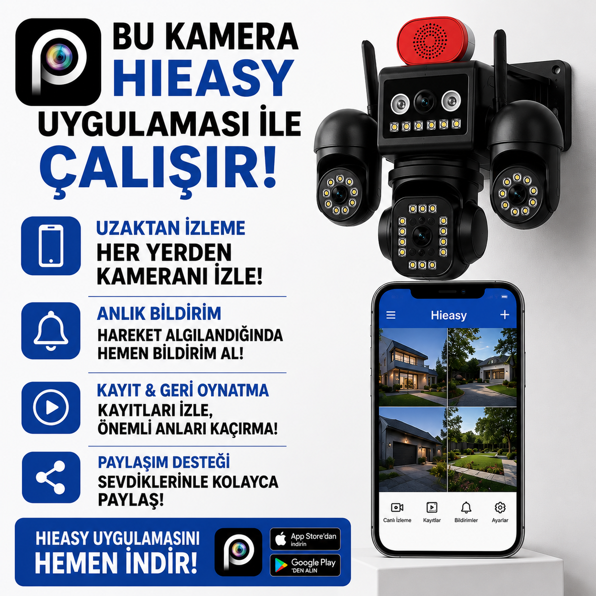 Aov Teknolojili 4g Solar Güvenlik Kamerası – Düşük Güç Tüketimi, Kesintisiz Izleme ve Anlık Kayıt 4 Kameralı – 3 Kamerası Dönebilen Ptz + 1 Sabit Lens, Gece Görüşü ve Siren