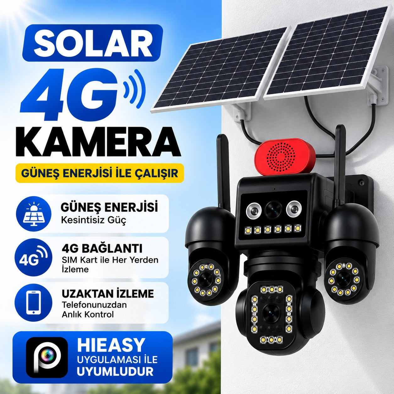 Aov Teknolojili 4g Solar Güvenlik Kamerası – Düşük Güç Tüketimi, Kesintisiz Izleme ve Anlık Kayıt 4 Kameralı – 3 Kamerası Dönebilen Ptz + 1 Sabit Lens, Gece Görüşü ve Siren