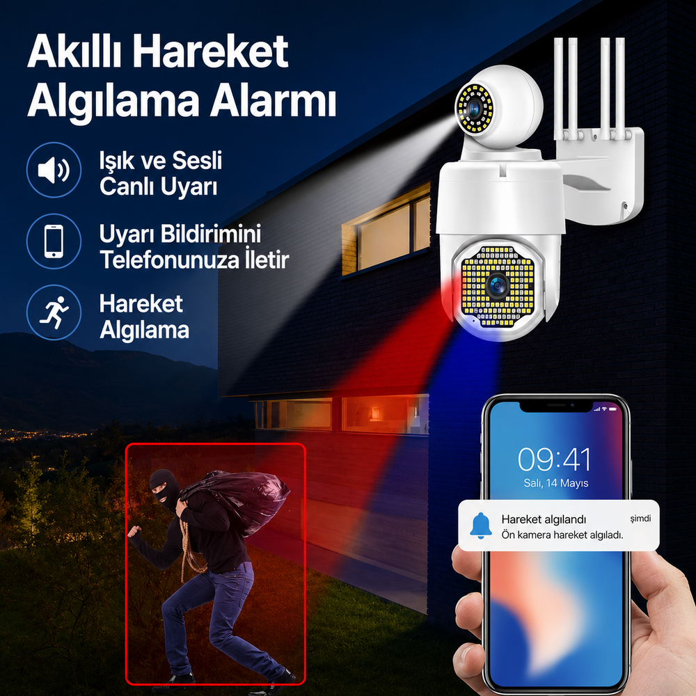 YS-06 3MP Çift Lens PTZ Wi-Fi Dış Mekan Kamera